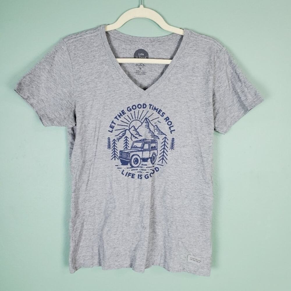 Life is Good Gray V-Neck Crusher Short Sleeve Tee T-Shirt Size Medium
